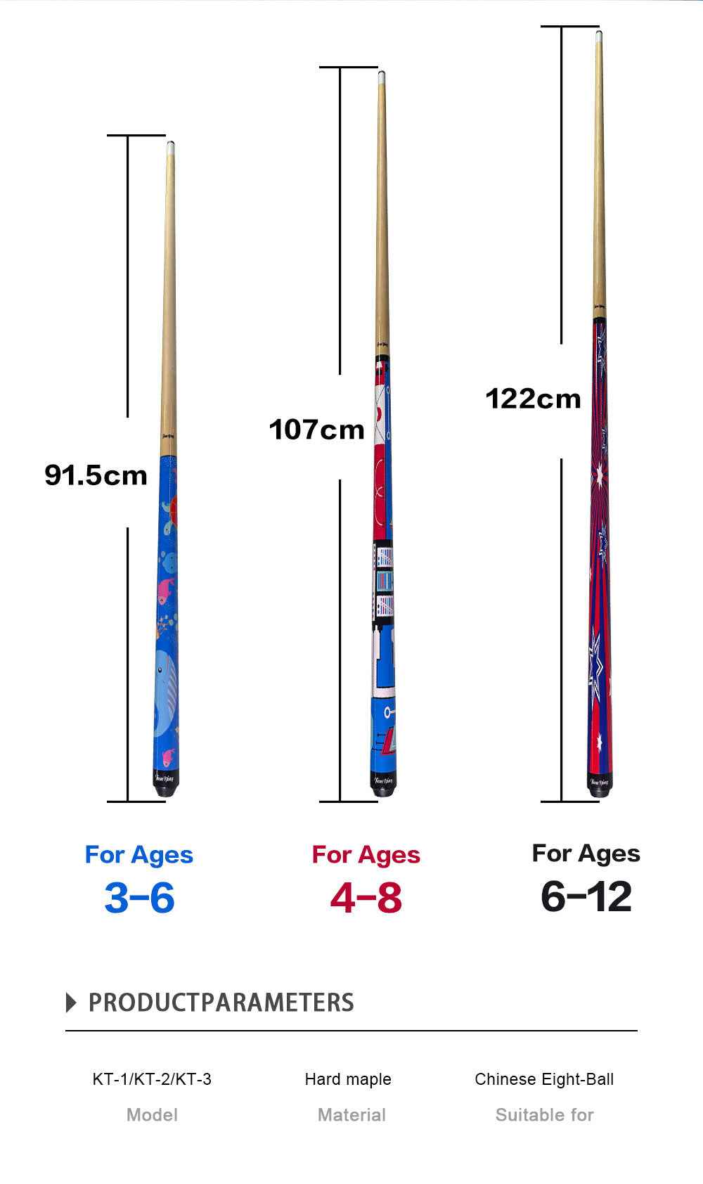 JIANYING Kids' Pool Cue, Junior-Specific Billiard Stick, Cartoon Maple Wood Cue for American Eight-Ball
