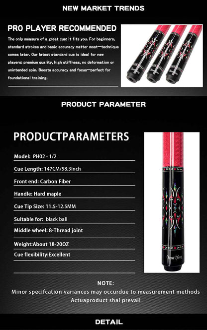 2026 new design billiard cue. Inlaying technique carbon fiber 1/2 billiard cue comes with a cue box and accessories. It features a 58-inch, 11.8mm cue tip Comes with cue case + leather tip + gloves + towel + chalk