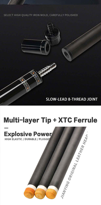 2026 new design billiard cue. Inlaying technique carbon fiber 1/2 billiard cue comes with a cue box and accessories. It features a 58-inch, 11.8mm cue tip Comes with cue case + leather tip + gloves + towel + chalk