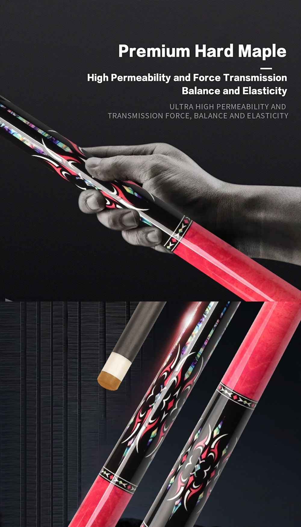2026 new design billiard cue. Inlaying technique carbon fiber 1/2 billiard cue comes with a cue box and accessories. It features a 58-inch, 11.8mm cue tip Comes with cue case + leather tip + gloves + towel + chalk