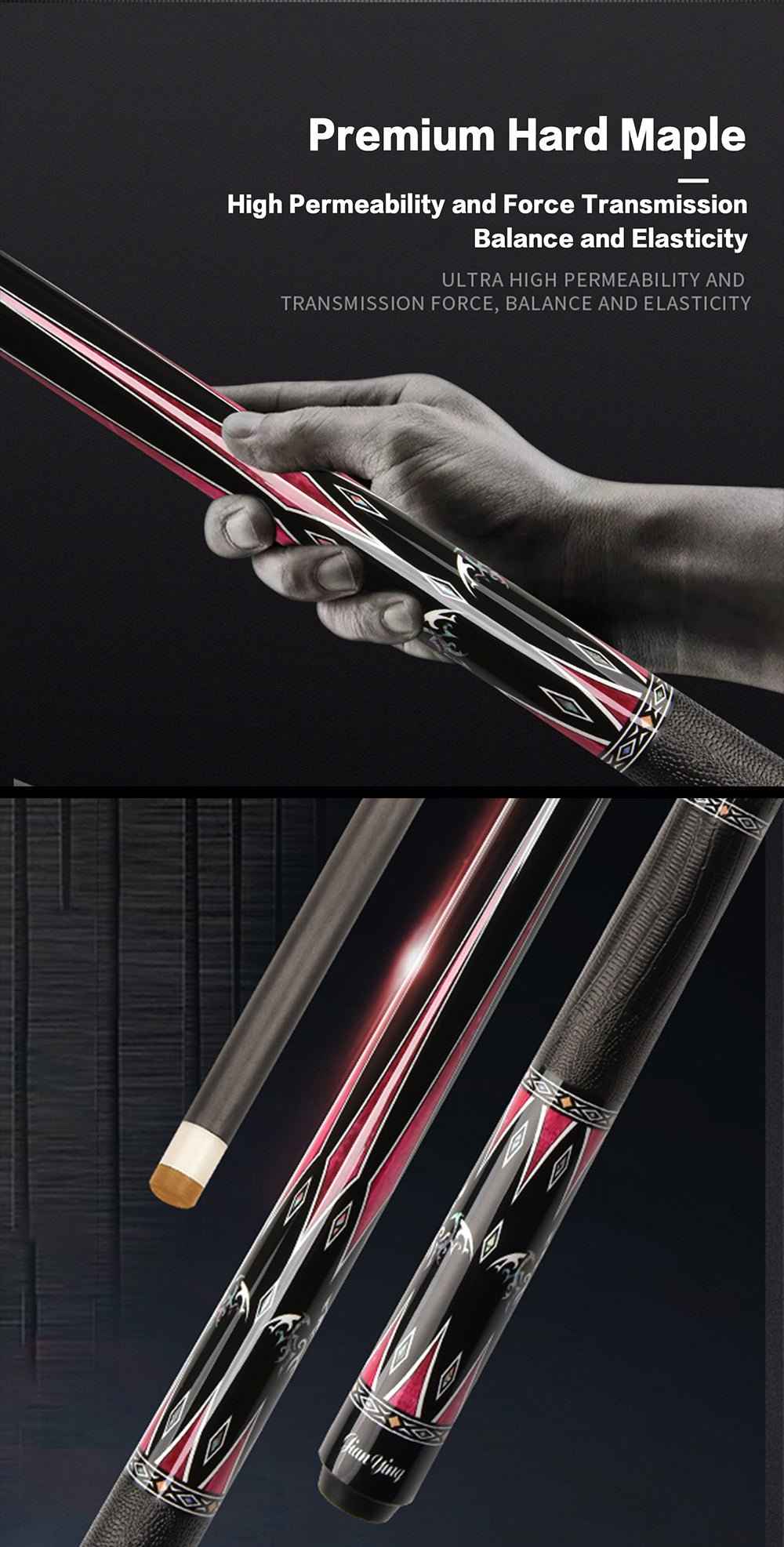 2026 new design billiard cue. Inlaying technique carbon fiber 1/2 billiard cue comes with a cue box and accessories. It features a 58-inch, 11.8mm cue tip Comes with cue case + leather tip + gloves + towel + chalk