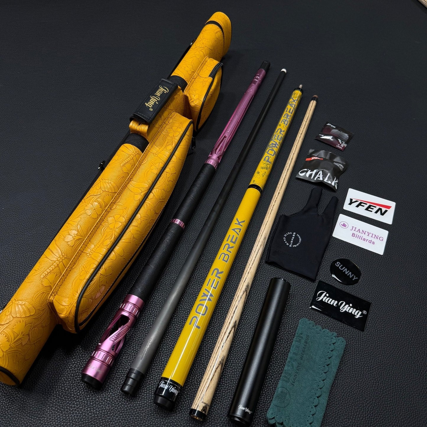 Free shipping JIAN YING 3 items set - jump break - 13.5mm tip,metal carbon fiber cue - 11.8mm tip,yellow - 4 hole case set - JIAN YING CuesFree shipping JIAN YING 3 items set - jump break - 13.5mm tip,metal carbon fiber cue - 11.8mm tip,yellow - 4 hole case setJIAN YING Cues